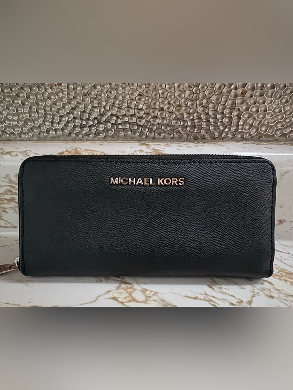 Michael Kors Black Leather Zip Wallet with Silver Logo